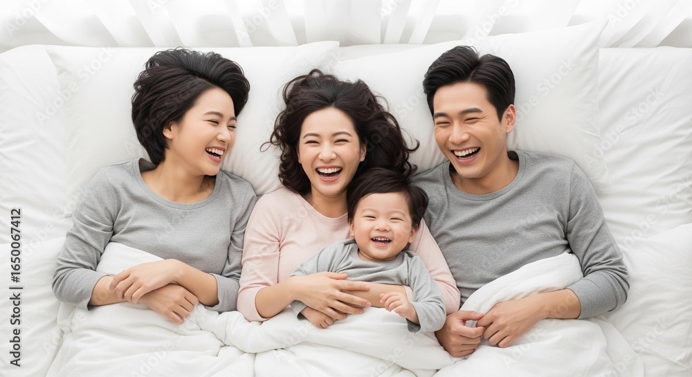 Family Connection: A Top-Down Portrait of Laughter and Love on a Bed Family Connection: A Top-Down Portrait of Laughter and Love on a Bed