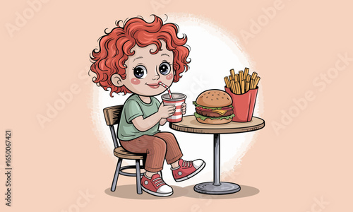 A cheerful child with curly hair sips a soft drink while devouring a burger and fries, depicted in a playful and charming illustration of fast food delight.