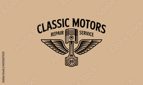 This striking logo features a piston with wings, symbolizing the dedication to classic motors, evoking a sense of nostalgia and pride in automotive craftsmanship.