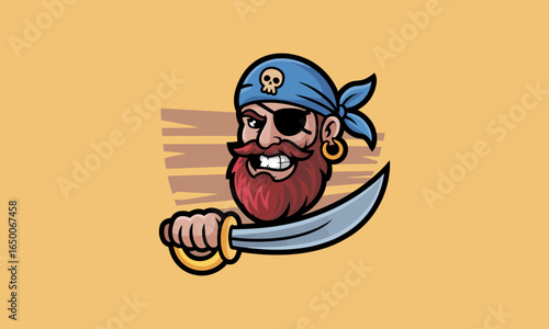 This fierce pirate image showcases a brash warrior brandishing a sword, symbolizing fearlessness and adventure, perfect for eye-catching graphics and designs.