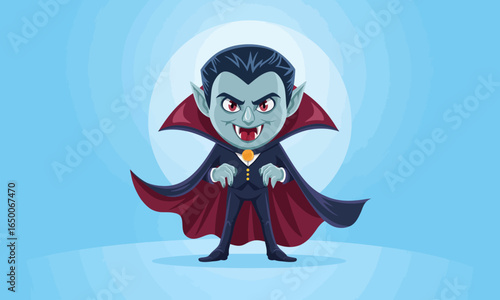 A stylish cartoon vampire dressed in a dark suit stands confidently, showcasing a blend of elegance and mischief within a cartoonish artistic style.