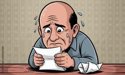 A distressed man with a bald head is anxiously reading a letter, sweat beads on his forehead, conveying a deep sense of worry and concern about the content inside.