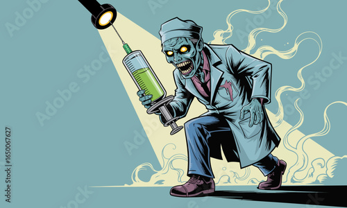 This monstrous figure of a zombie doctor brandishing a syringe stands amidst swirling mists, blending humor and horror into a captivating and engaging visual experience.
