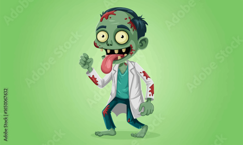 This lively depiction of a playful zombie doctor showcases an upbeat demeanor complete with a goofy expression, perfect for capturing a humorous take on undead characters.