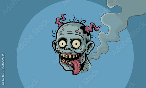 A cartoon zombie face emitting smoke with an eerie expression, showcasing a unique blend of horror and humor art that captivates the viewer's attention.