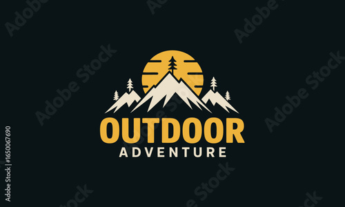 This minimalist logo design captures the essence of an outdoor adventure with a simplistic depiction of mountains, a sun, and greenery, ideal for eco-friendly brands.