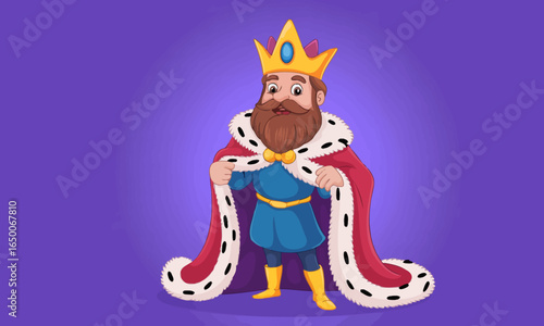 A cartoon king stands in a colorful vibrant setting, adorned with a royal crown and a fur-trimmed cloak, exuding a sense of joy and animated charm in style.