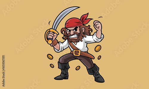 An angry pirate is depicted in a furious pose, fists clenched and sword drawn, ready to fight for treasure, showcasing strong emotions and elements of adventure and bravery.