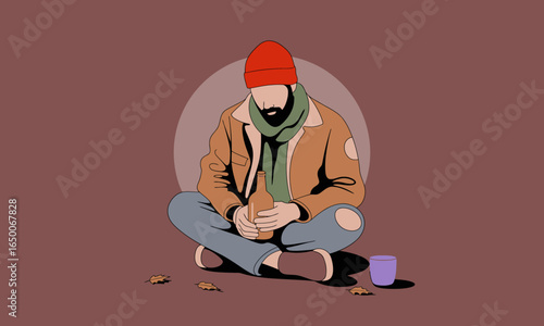 A solitary man sits on the ground, holding a bottle, surrounded by autumn leaves, representing introspection and the transition of seasons in life.