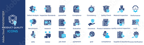product quality icon set. Containing Performance, Benchmarks, research, Protocol, Evaluation, insurance