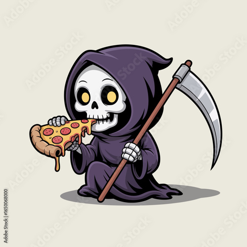 A humorous depiction of a skeleton in a dark robe delighting in a cheesy pizza slice, showcasing a playful take on the grim reaper theme with a lively touch.