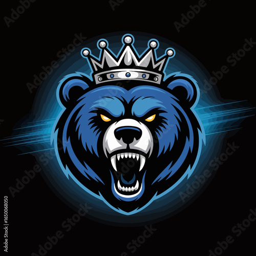 This intense blue bear showcases ferocity and pride with its prominent crown, set against a dark backdrop that accentuates its compelling presence and commanding character.