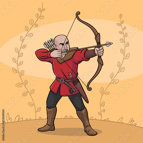 In a serene natural setting, an archer with a strong pose draws his bow with determination, representing focus and skill in this colorful, whimsical illustration.