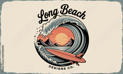 A dynamic ocean wave encapsulates the thrill of surfing with a surfboard positioned in front, set against a breathtaking sunset backdrop with calming hues and mountain silhouettes.