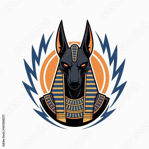 A powerful and modern artistic representation of Anubis that integrates traditional Egyptian imagery with contemporary design elements for a striking visual impact.