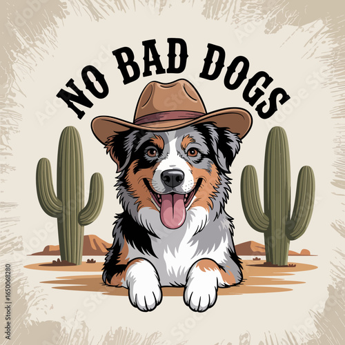This playful dog is wearing a cowboy hat and lying down in a vibrant desert scene, surrounded by cacti, capturing the spirit of loyal companionship and adventure.