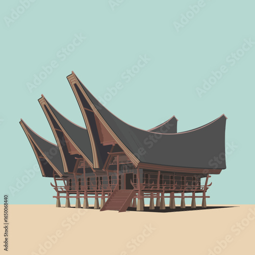 This artwork presents a stunning cluster of traditional Toraja houses, known for their remarkable curved roofs and wooden architecture, symbolizing cultural richness and community life.