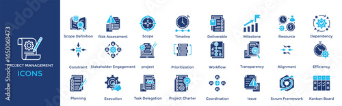 project management icon set. Containing Risk Assessment, Scope, Timeline, Deliverable, Milestone, Resource, Dependency