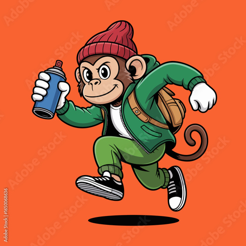 This vibrant image showcases a playful monkey dressed in a sporty outfit, energetically running with a spray can against an eye-catching orange background.