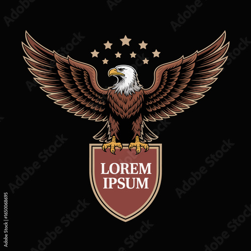 Featuring an eagle in full splendor with outstretched wings on a vibrant shield, this artwork symbolizes freedom and courage, inviting viewers to embrace their aspirations.