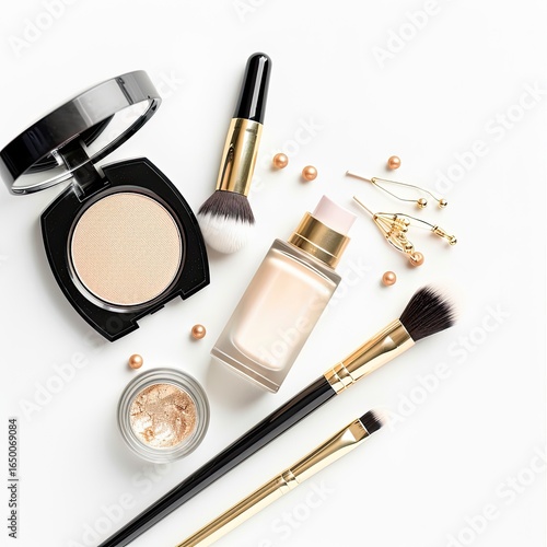 Flat lay of makeup products, including a powder compact, liquid highlighter, and several brushes, arranged on a white background with golden pearls
