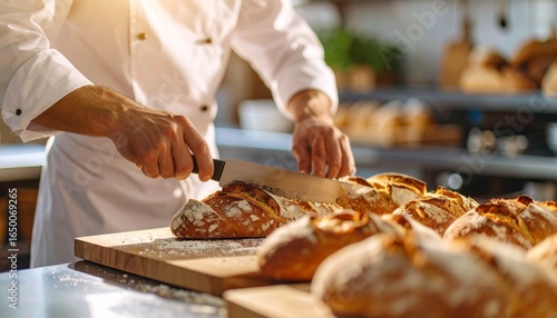 A Baker Cuts Freshly Baked Bread on a Wooden Board in a Bakery Kitchen