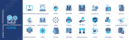 Supply Optimization icon set. Containing Industrial Process, Additive Manufacturing, Industrial Automation, energy, Machining, Sintering, manufacture, industry, Standard