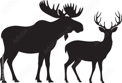 Silhouettes of a bull moose and a deer standing side-by-side on a white background animal wildlife
