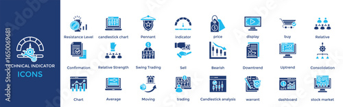 Technical indicator icon set. Containing Pennant, indicator, price, display, buy, Relative, Confirmation
