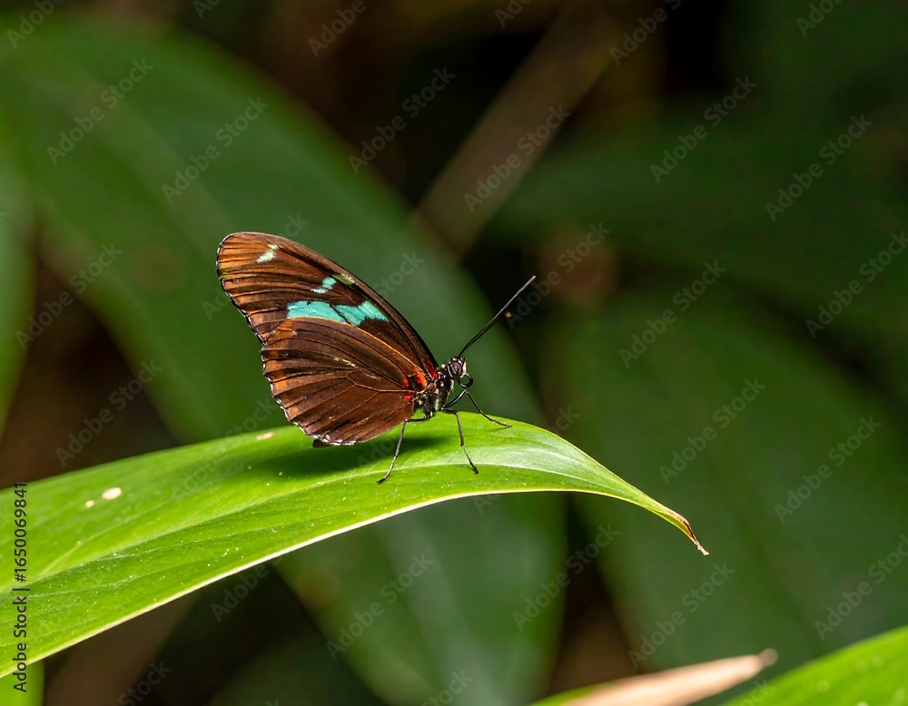 Fototapeta premium Delicate butterfly with patterned wings rests gracefully on a vibrant green leaf in nature's embrace