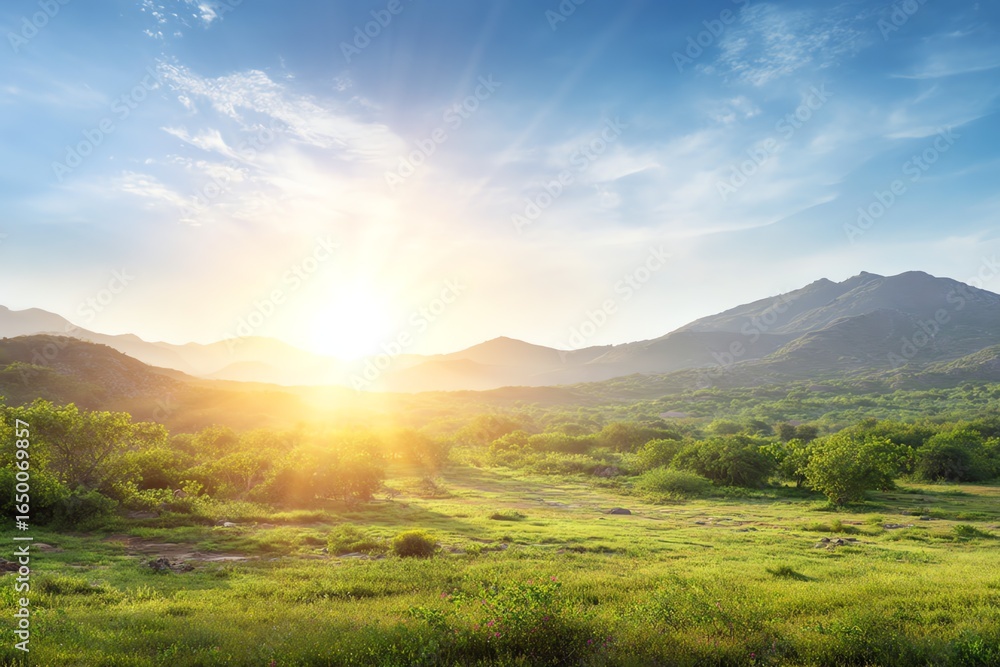 Obraz premium Golden sunlight bathes a lush, rolling meadow framed by distant mountains, evoking a sense of peace and natural beauty during a tranquil moment.