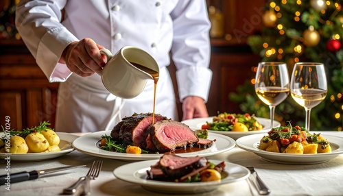 Professional chef pouring savory gravy over a gourmet sliced roast beef for a festive Christmas holiday dinner.