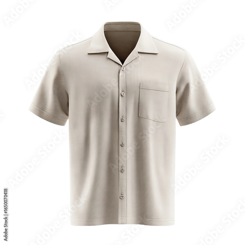Stylish Summer Shirt: A meticulously crafted short-sleeved shirt, designed in a classic, neutral tone, and showcases its elegant details: from its front pocket to its button-down closure. 