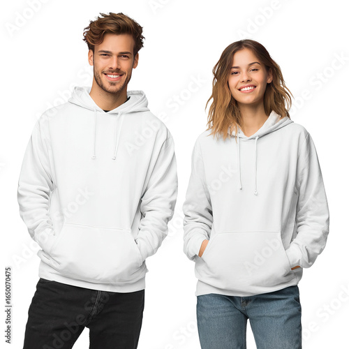 Casual Comfort & Style: A smiling man and woman each wear a plain, white hoodie, radiating a sense of relaxed ease and casual elegance. Capturing a timeless fashion statement.
