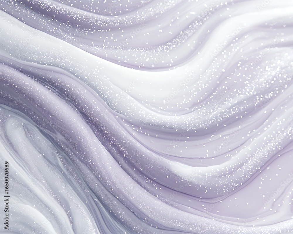 Naklejka premium Soft lilac and pale gray marble ink with shimmering white glitter particles dispersed across the design creating a gentle dreamlike effect