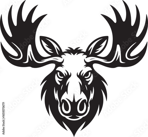 Stylized black and white illustration of a fierce moose head with large antlers graphic
