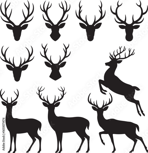 Collection of black silhouettes of deer heads and standing deer with antlers on white animal wildlife