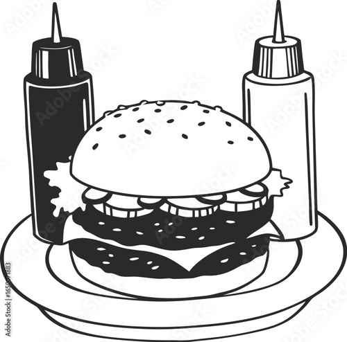 Classic Burger Feast: A simple yet mouthwatering illustration of a hearty burger, complete with condiments and a side of appetite appeal. It is a visual testament to culinary enjoyment.