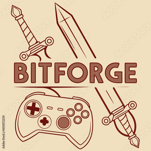 Bitforge Logo Design: A stylized logo design featuring a cross, sword and controller graphic, the ultimate emblem for game, representing adventure and innovation.