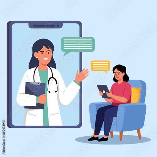 Illustration of a female doctor on a smartphone screen consulting with a patient on a tablet, symbolizing telemedicine and online medical advice.