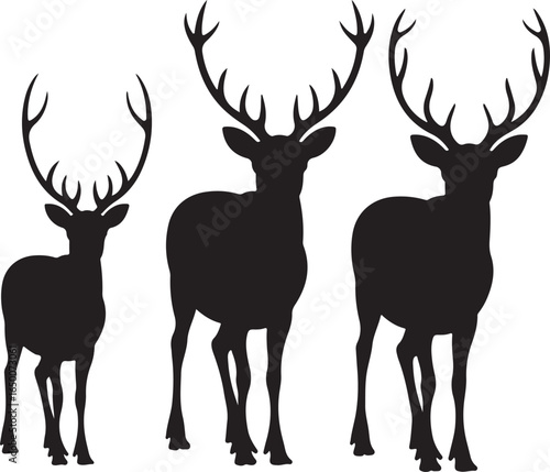 Three black silhouettes of stags with large antlers on a white background deer animal