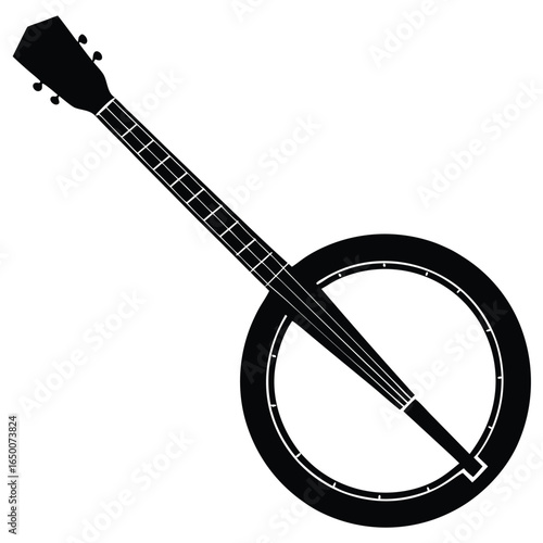 Black banjo silhouette with fretted neck musical instrument