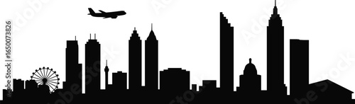 City skyline silhouette, modern urban buildings, skyscrapers, airplane flying above, architecture, downtown view, ferris wheel, travel, tourism, metropolitan landscape