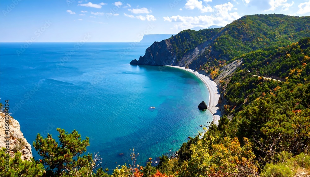 Fototapeta premium High angle view of a coastal bay with a beach and forested mountains.