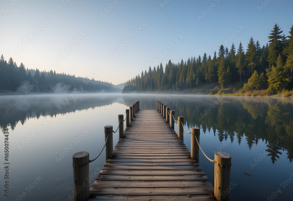 Fototapeta premium Peaceful morning on a calm lake with a wooden dock stretching into the mist and reflecting the pine forest