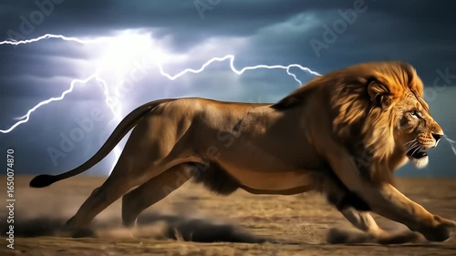 Majestic Lion Charges Through Stormy Savannah with Lightning Strikes Dust Flying.