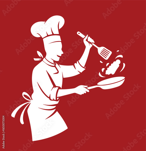 Chef flipping pancake in frying pan with spatula on red background
