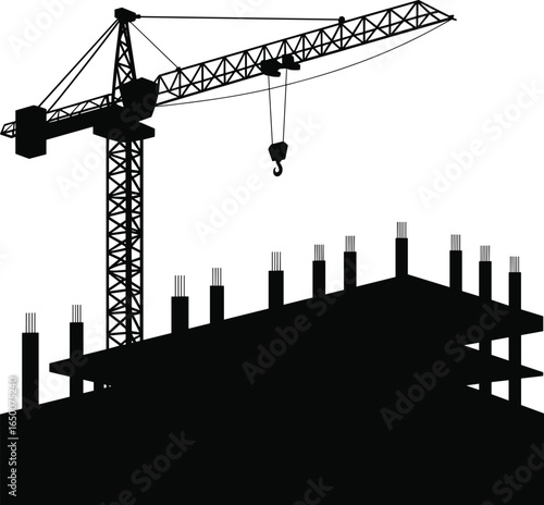 Tower crane lifting material, construction site with high rise building, concrete structure, heavy machinery, urban development, architecture, infrastructure, industry, growth