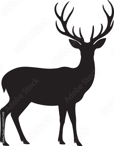 Black Silhouette of a Deer with Antlers Standing on White Background animal wildlife