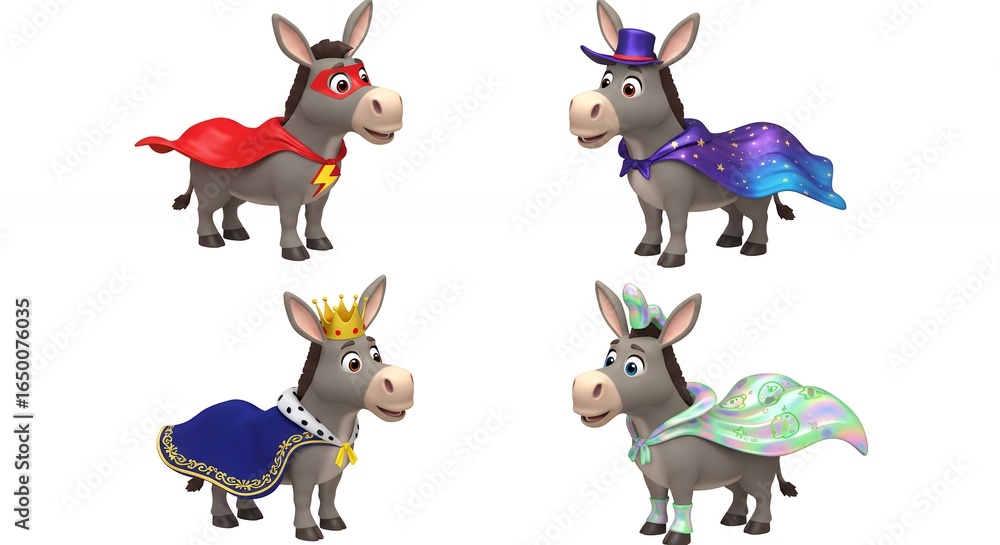Naklejka premium Cartoon donkeys in costumes